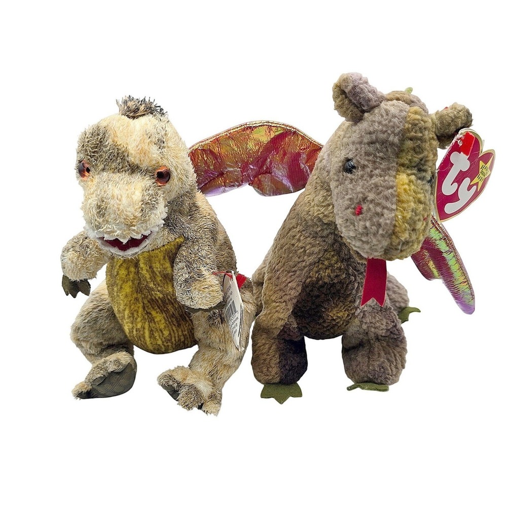 2 VTG Ty Beanie Babies: TOOTHY T-Rex & SCORCH Dragon (2002/1998) Retired w/ Tags